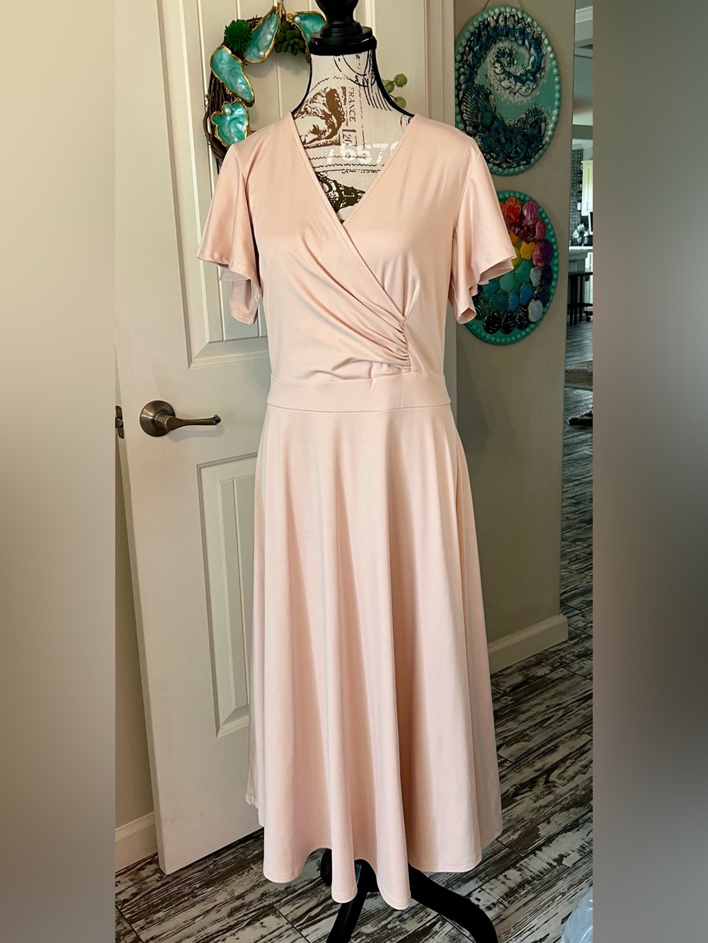PrettyGarden Blush Pink Faux Wrap Midi Dress with Flutter Sleeves. - Size L